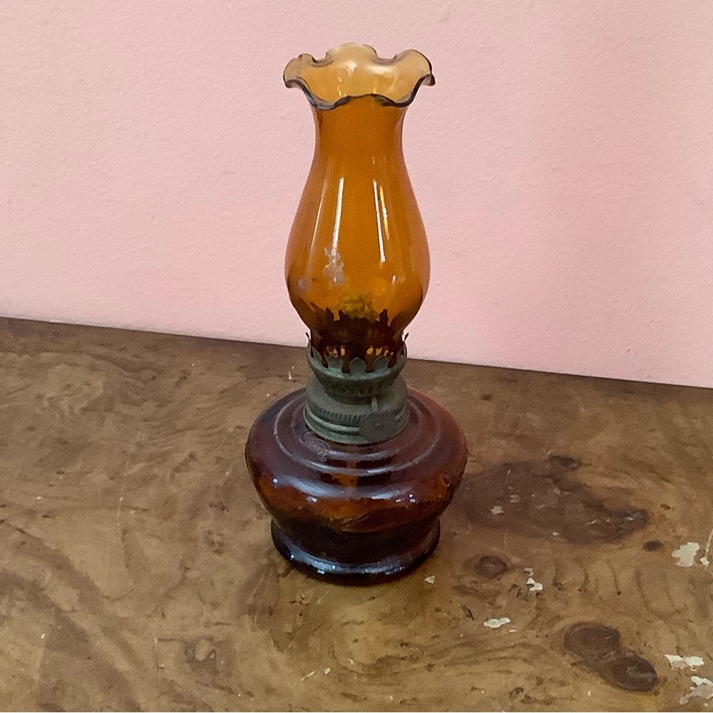 Vintage  7.5  Inch Amber Glass Oil Lamp With Fruit Details Read